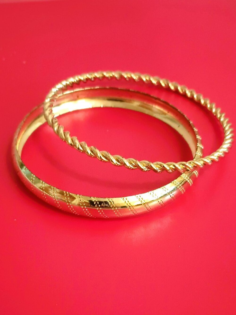 Gold Tone Domed Etched Bangle & Polished Twisted 2 Pc Ornate Bracelets